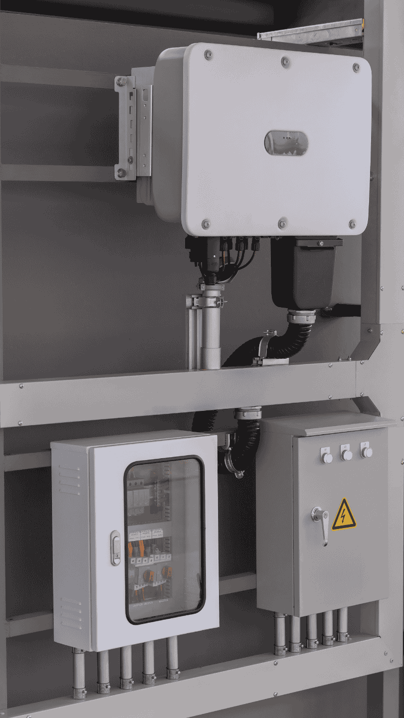 A custom-built PLC control panel with clean wiring, designed and manufactured by Enginia Energie for an industrial automation project