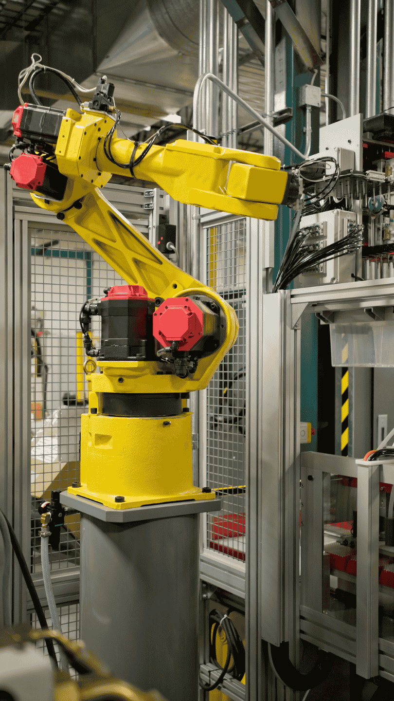 An industrial robotic arm performing a precise welding task, integrated by Enginia Energie for a manufacturing automation solution.